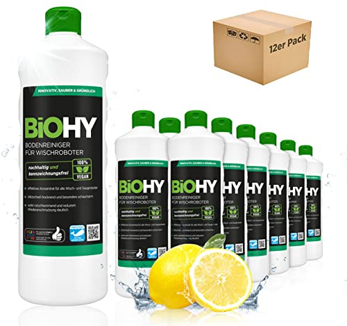 BiOHY Nettoyant de sol pour robot aspirateur laveur (12 x 1l Bouteille) | concentré pour tous les robots d'essuyage et d'aspiration à fonction humide | durable & écologique (Wischroboter)