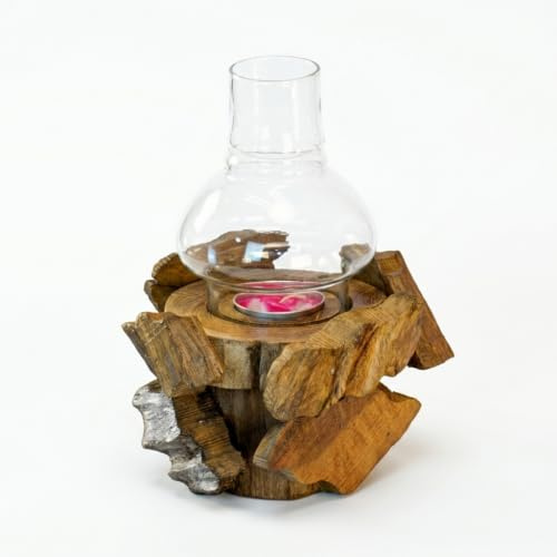 Kinaree värmeljushållare med glas 20 cm teakrot trä bordsdekoration rustik rustik rustik ca. 20x13x13 cm naturlig