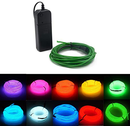 Kmruazre El Wire, 3 Lichtmodi, Batteriebetriebener Leuchtdraht für Partys, Halloween Innen und Außendekorationsleuchten (5m/16ft,Grün)
