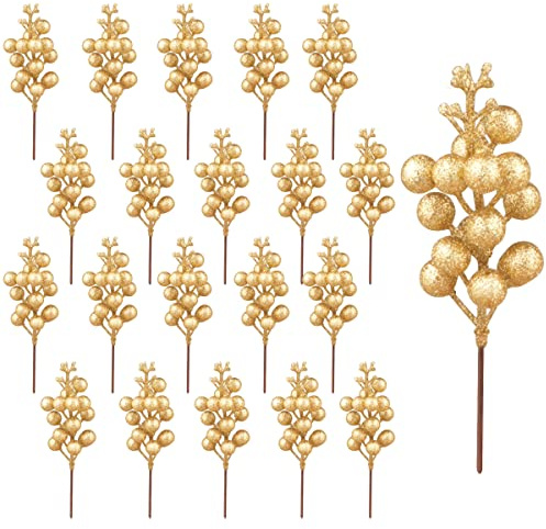 Jangostor 20 Stück Beerendekoration, künstliche Stäbchen aus Beeren, Stechpalme, Beeren, Zweige, Stängel von Weihnachtsbeeren, für den Weihnachtsbaum, Urlaubszeit, Winterdekoration (Gold)