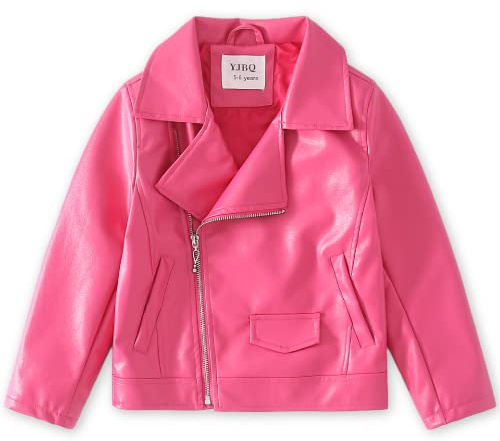 YJBQ Girls Faux Leather Motorcycle Jacket Bomber Coat with Zipper Pockets Windproof Spring Fall Outerwear for Kids Ages 4-14 (9-10 Years,Pink)