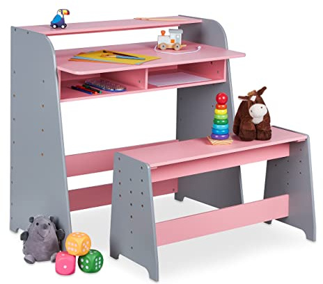 Relaxdays Mesa y Banco Infantil, 2 Compartimentos, Escritorio Regulable en Altura Niños, 88 x 90 x 48 cm, Rosa/Gris