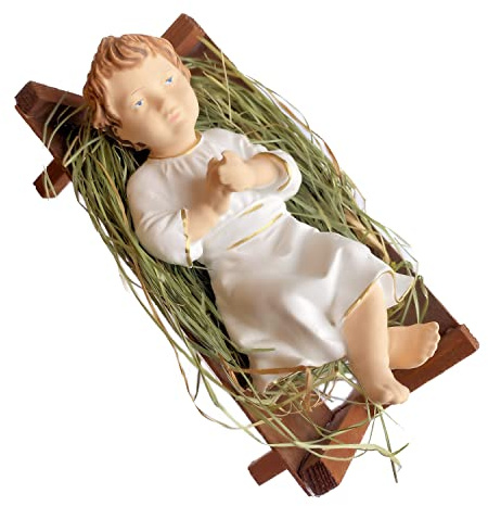 Polish Gallery 5 Tall Baby Jesus Christ Figure in Wooden Manger Laying on Natural Hay | Figurine Statue for Nativity Sets | Holy Gift