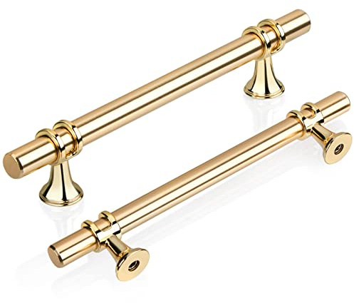 GUWINA 6 Pcs Gold T Bar Kitchen Cupboard Handles 128mm (5) Hole Centres, Wardrobe Door Handles Solid Zinc Alloy, Elegant Matte Gold Drawer Pulls for Cabinet Furniture with Screws (6 Pack)