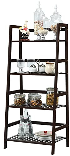 COSTWAY 4-Tier Ladder Shelf, Bamboo Plant Stand Rack, Freestanding Bookshelf, Multifunctional Storage Shelves, Flower Stand Rack Holder for Garden, Balcony, Living Room, Bedroom (Coffee)
