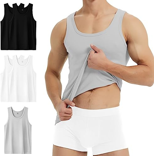 YouShow Undertröja för män, 3/5-pack, 100 % bomull, linne, finribbad, 2 x svart + 2 x vit + 1 x grå, M
