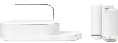 Brabantia - Spül-Organizer 3er-Set mit Organizer, Seifen- und Spülmittelspender - Kompaktes Design, Abtropfschale mit Belüftungsschlitzen, rutschfeste Ablage - Mineral Fresh Weiß