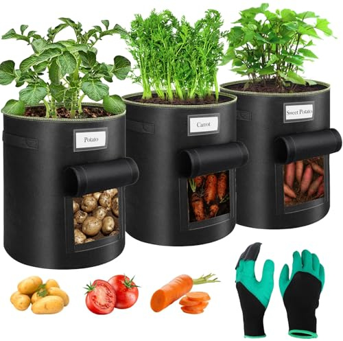 Airminti 3er-Set Pflanzsack 38L (10 Gallonen) für Kartoffeln & Tomaten – Atmungsaktive Pflanzbeutel mit verstärkten Griffen, Sichtfenster & Gartenhandschuhe