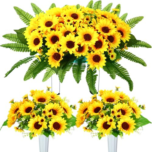 Tigeen 3 Pieces Artificial Cemetery Flowers for Headstone Memorial Day Flowers Funeral Headstone Saddle Sunflowers Bouquets with Vase for Outdoor Tombstone Grave Decoration(Yellow)