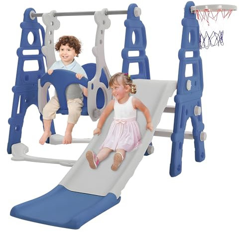 INMOZATA 4 in 1 Kids Slide with Basketball Hoops & Swing, Slide and Swing Set for Kids, Toddler Climber Slide Playset for Toddlers Age 1-3-Perfect for Indoor & Outdoor (Blue)