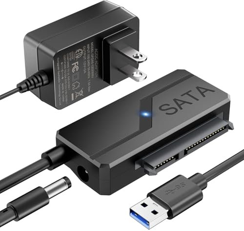 SATA to USB Adapter with Power, USB 3.0 to SATA III Internal Hard Drive Reader for 2.5SSD/3.5HDD Up to 20TB Converter Cable with 12V DC Adapter Supply Support UASP Seagate WD Hitachi Toshiba