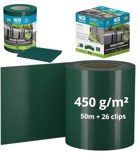 WDB - Sichtschutzstreifen für Doppelstabmatten Sichtschutz Zaun | PVC Windschutz Basic Line - 19 cm x 50 m + 26 Stück Befestigungsclips - Grün - RAL 6005