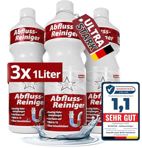Ricostar Abflussreiniger extra stark [Vom Profi] 3x 1000ml | Made in Germany | Rohrreiniger extrem stark | Rohrfrei extra stark | Abflussfrei extrem stark | Abfluss reinigen