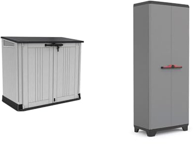 Keter Store It Out Nova Gartenmöbel-Lagerschuppen, Hellgrau mit dunkelgrauem Deckel & Stilo Mehrzweck-Garagenschrank für den Innenbereich, Grau/Schwarz/Rot