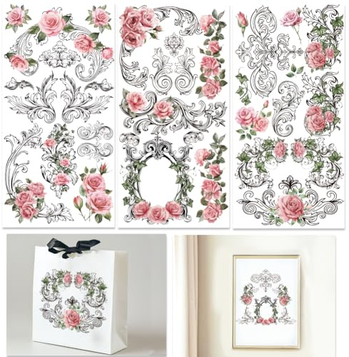 INFUNLY 3 Blatt Florales Barock Rubbelbild Zum Basteln 6x12 Blumenkranz Möbel Rubbelbild Aufkleber Vintage Rubbelbild Mit Blumenmotiv Wasserfest Für Holz Glas Scrapbook DIY Papier