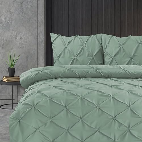 Linen Home Juego de funda de edredón tamaño king, color verde salvia, plisado, de microfibra suave, con 2 fundas de almohada, fácil cuidado, sin arrugas, juego de ropa de cama King (verde salvia,