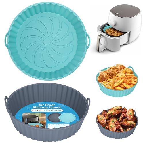 Alyvisun Moule Silicone Air Fryer, 2 Pièces Panier Moule pour Airfryer Réutilisable Friteuse à Air Chaud Plat Pot Ronde Doublure Liner pour Friteuse Air, Micro-ondes, Four (Gris+Bleu)