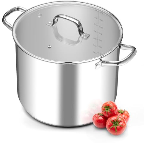 Leonyo Stainless Steel Stock Pot, 24QT Large Pot For Cooking, 18/10 Stockpot with Glass Lid for Stewing Simmering Boiling, Heavy-Duty 3-ply Bottom for All Stoves, Dishwasher Safe & Food Grade Cookware