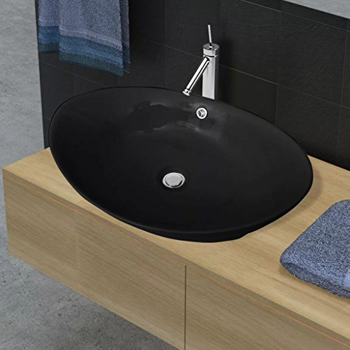 Xichuzi Lavabo, Lavabo sobre Encimera, Lavabo Baño, Muebles De Baño, Mueble Lavabo, Oval de cerámica Negra de Lujo con desagüe, 59 x 38,5 cm