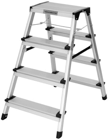 Step Ladder Double-Sided Folding Step Up Stool Heavy Duty Hop Up Aluminium Platform 150kg Capacity Multi-Purpose DIY Indoor Outdoor Usage TOUGH MASTER (4 Steps)
