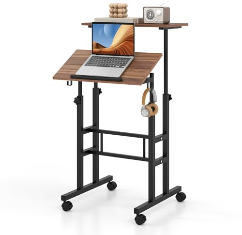 COSTWAY Escritorio de Pie 60x60cm, Mesa Ordenador con Ruedas, Altura Ajustable, Encimera Dividida y Ángulo Ajustable, 2 Ganchos, Escritorio Inclinable para Oficina (café)