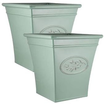 Plastic Outdoor Olive Planter for Gardening – Outdoor/ Indoor Flowers Pot with Glossy Finish - Weatherproof Garden Home Plant Pot – Gardens, Balconies & Windowsills (Tall Square Green 35cm, Pack of 2)