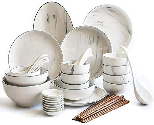 SGKOMN Juego de vajilla de mármol de 41 Piezas, Juego de Cena de Porcelana Combinado, Servicio para 8 Personas