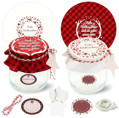 YANSYUN 30PCS Marmeladendeckchen Weihnachten, Inkl. Schmuckdeckchen für Einmachgläser, Marmeladen Etiketten, Stern-Anhängern, Justiergummi und Garn, Weihnachtliche Deko Stoffhauben für Einmachgläser