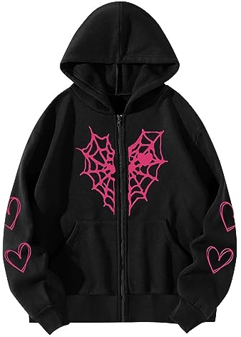 Dam herr gotisk hjärtformat tryck huvtröja pullover punk dragkedja jacka kappa lös överdimensionerad streetwear Alt gotisk estetisk mörk akademi punk E-girl, Rosa (Hot Pink), S