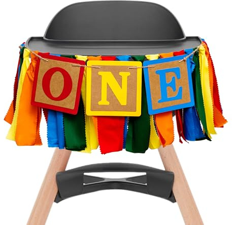 Upfirst Colorful One High Chair Banner - Building Block Themed Birthday Party Decorations Supplies,1st Birthday Photo Props,Cake Smash Party Rainbow Fabric Strips Banner