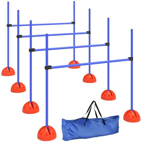 PawHut Agility Set Hunde 4-Teiliges Höhenverstellbar Hürden für Hunde Blau | Agility Ausrüstung, Tragetasche, Trainingszubehör, Befüllbar Steckhürdenset, für Hundetraining, Trainingsset