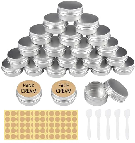 24 Piezas Tarros de Aluminio para Crema con Tapas, 5ml Tarros de Lata Cosméticos Redondos, Tarros Cosmeticos Aluminio, Caja Metálica con Etiquetas y Mini Espátula para Bálsamo Labial, Loción, Crema