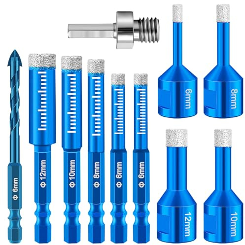 Diamant Fliesenbohrer 6mm, 4 Stück M14 Fliesenbohrer 6/8/10/12mm + 6 Stück M6 Sechskantschaft Diamantbohrer 6/6/8/10/12mm + 1 M8 Adapter, Diamantbohrer Fliesen Set für Granit,Glas,Fliesen,Marmor