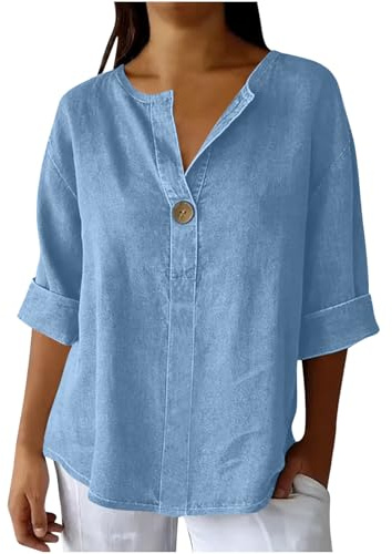 Denim Shirts for Women Hlaf Sleeve Button Down Tops Elegant Party Casual Blouse V Neck Loose Fit Shirts Solid Jean Shirt Cute Y2k Streetwear Casual Shirt