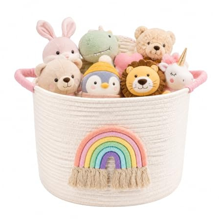 FERNVALE Toy Storage Baskets Woven Cotton Rope Storage Basket with Rainbow Decor Blanket Baskets for Living Room/Nursery Toys Organizer Rainbow Baby Gifts Basket Toy Basket with Handle