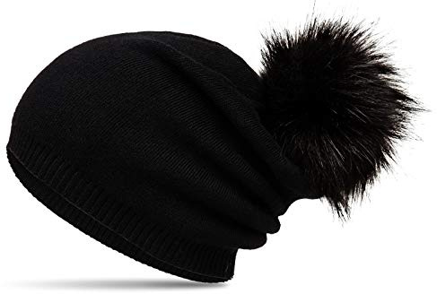 Caspar MU205 Gefütterte Damen Feinstrick Long Beanie Mütze mit tierschutzgerechtem Kunstfell Bommel, Farbe:schwarz, Größe:Einheitsgröße