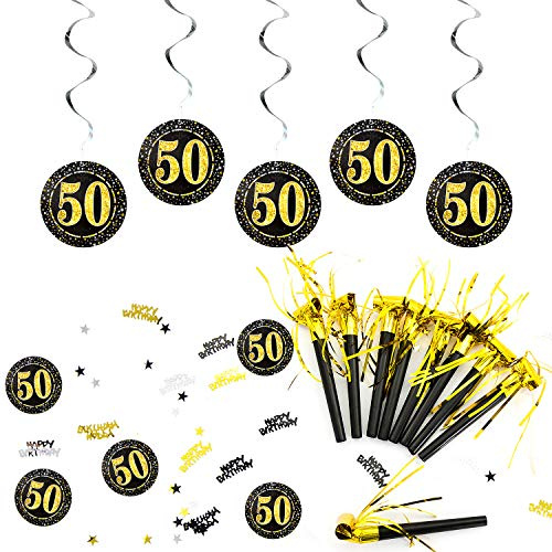 Oblique Unique® 50. Geburtstag Party Feier Deko Set - Tröten + Deckenhänger Wirbel Spiral Girlanden mit Zahl 50 + Konfetti Zahl 50 + Happy Birthday + Sterne Gold Silber Schwarz