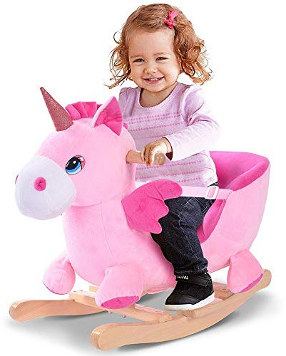 Bakaji Balancín Mecedora Unicornio con Sonidos Soporte de Madera Asiento con cinturón de Seguridad Juego Rosado niños