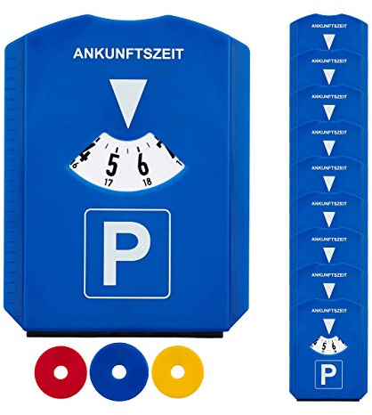 Juego de 80 discos de aparcamiento, raspador de hielo, 3 fichas para carro de la compra, labio de goma, reloj de parquímetro, coche, StVO, plástico, tarjeta de aparcamiento, color azul