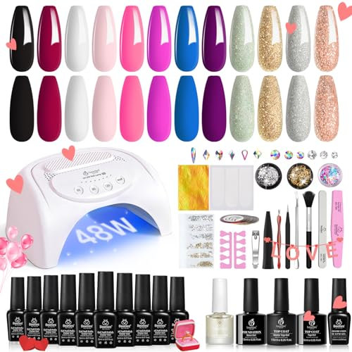 Beetles Gel Nail Polish Starter Kit - 12 Colors with 48W UV LED Lamp, Base and Top Coat, Nude Pink Black White Red Blue, Glitter Powder for DIY Manicure Art