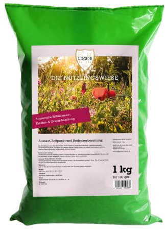 Linsor Nützlingswiese, 1kg für 100m², Saatgut mit einheimischen bunten Wildblumen, Gräsern und Kräutern, lockt Bienen, Hummeln und andere Nützlinge an