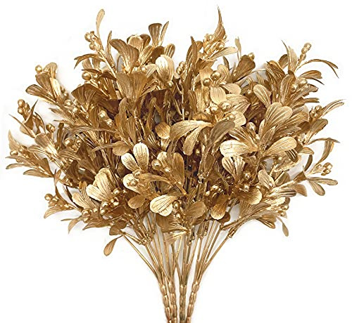 PASYOU Plantas Falsas Decoraciones de Navidad, Flores Artificiales Doradas, arbustos de plástico, Hojas para Interiores y Exteriores, hogar, jardín, Fiesta, Hotel, terraza, Boda, Evento, Ramo de