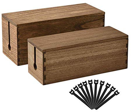 KIRIGEN Wood Cable Management Box - Cord Organizer Hide Power Strips/Electrical Plugs - Conceal and Cover Wires Station on Desks from TVs/Computers for Home Office Set of 2 (Dark Brown)