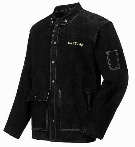 ONETIAN Giacca da saldatura in pelle nera, Cappotto protettivo per saldatore, Giacca di sicurezza sul lavoro FR, Resistente al calore e alla fiamma (4XL)