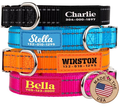 PAWBLEFY Personalized Dog Collars - Reflective Nylon Collar Customized with Name and Phone Number Adjustable Sizes for Small Dogs, Medium, Large 4 Colors Male Female boy Girl Puppies