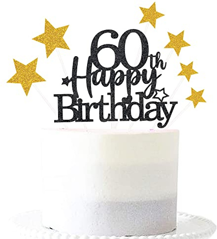 Pargleev Black Gold 60th Birthday Cake Topper with Glittery Stars | 7-piece Black Gold 60th set: 1 glittery 'Happy Birthday' topper + 6 star cupcake toppers; just place on the cake