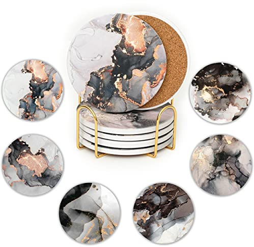 JJ PRIME - Keramik Untersetzer Gläser Marmor Set 6 Stück | Glas Untersetzer-Set Modern | Getränkeuntersetzer mit Korkboden - Kratzfest, Anti-Rutsch Glasuntersetzer Marmor (Schwarzer Marmor)
