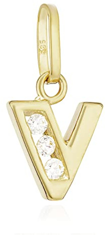 NKlaus Buchstabe V Kettenanhänger klein 585 Gelb Gold 14 Karat 10x7mm Alphabet Zirkonia weiß 13374