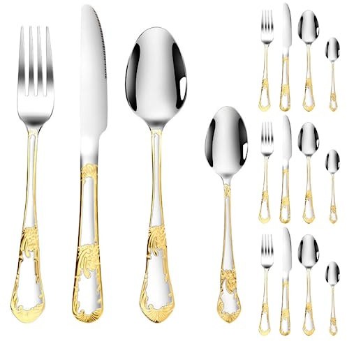 16 Pieces Sunflower Carving Handle Kitchen Stainless Steel Silverware Tableware Flatware Cutlery Set for 4 People，Steak Knife Fork Spoon Tea Spoon