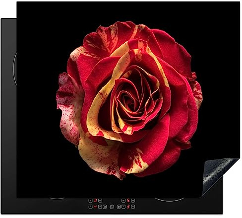KitchenYeah© Herdabdeckplatte Einteilig Küche Herdabdeckung Induktionsfeld | 58x51 cm - Ceranfeld Herdabdeckplatten Vinyl Matte Aufrollbar Blumen - Rose - Rot - Schwarz - Modern